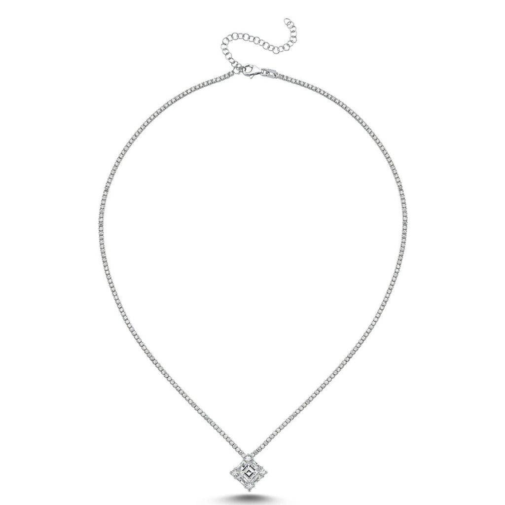 Tennis Chain Necklace Square Pendant Sterling Silver