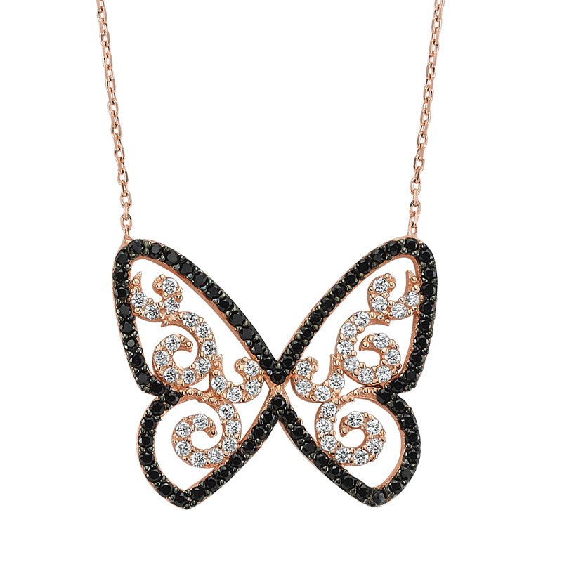Black and White Butterfly Necklace in rose gold - amoriumjewelry