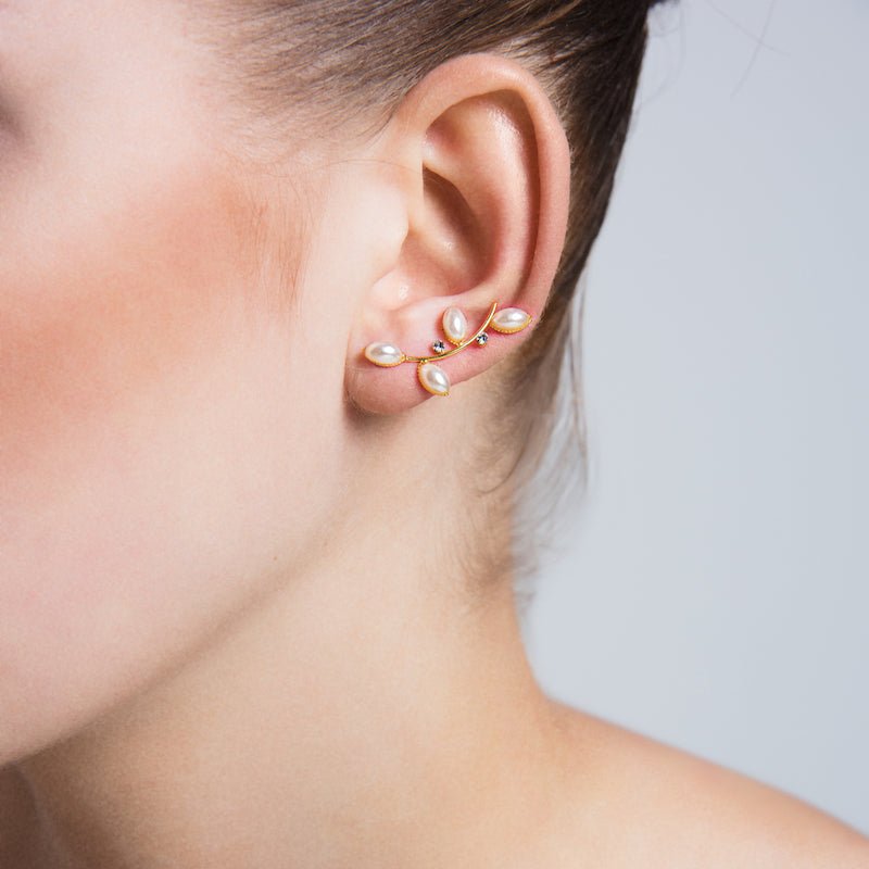 Brass Pearl and Diamond Ear Cuff Earrings - amoriumjewelry