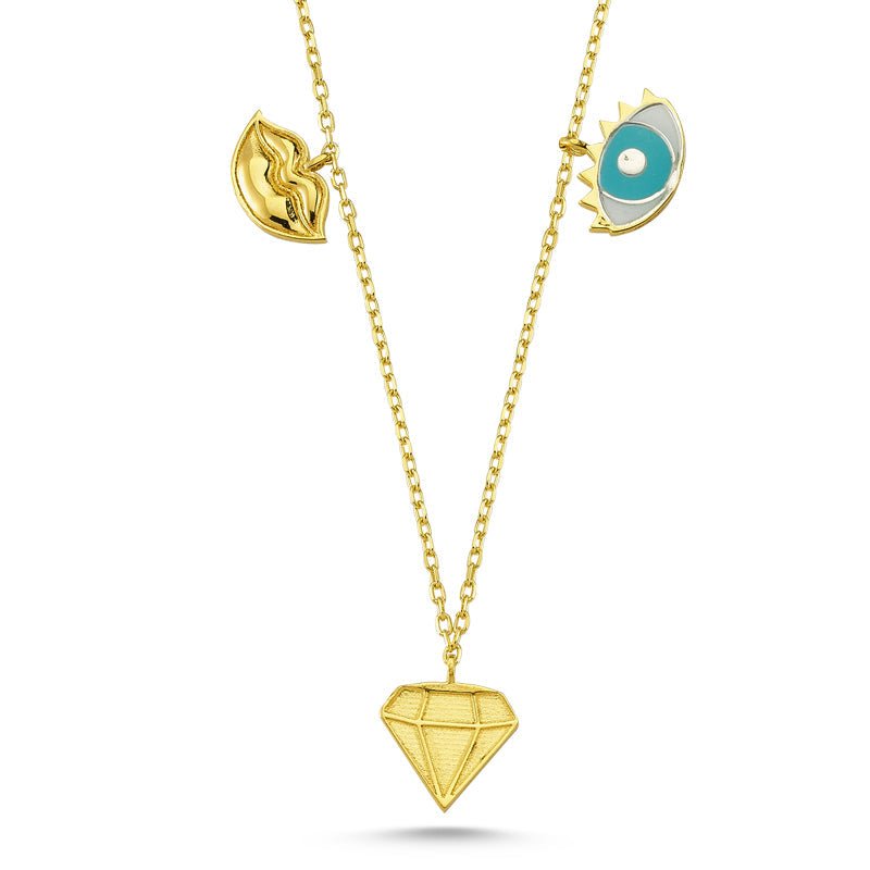 Lips, Eye and Diamond Charms Necklace - amoriumjewelry