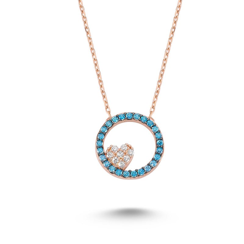 Rose Gold Circle Heart Necklace with Blue Crystals - amoriumjewelry