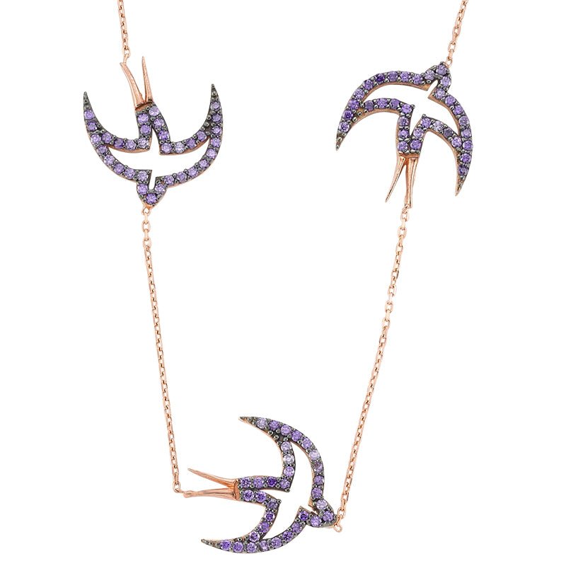 Rose Gold Plated Sterling Silver Purple Bird Necklace - amoriumjewelry