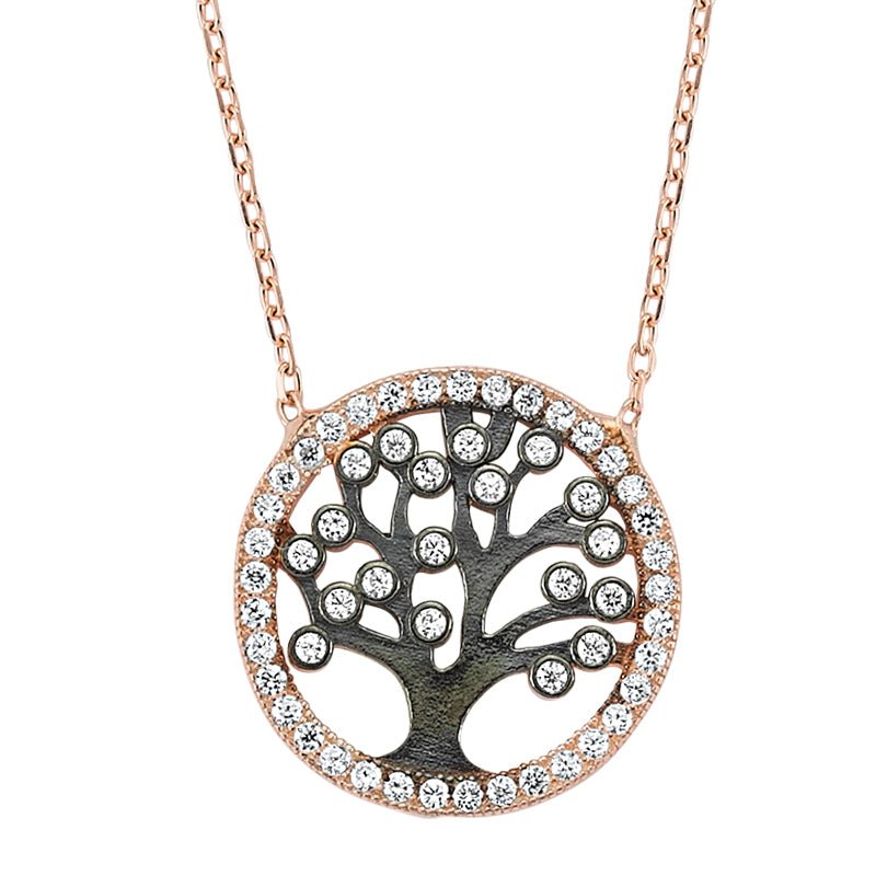 Small Tree of Life Necklace with Black Crystals in rose gold - amoriumjewelry