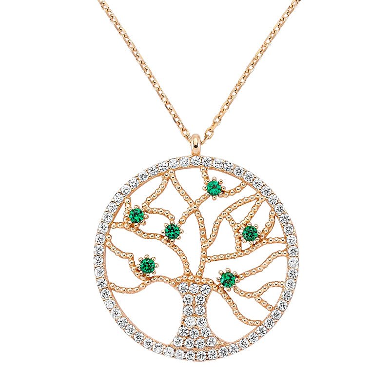 Tree of Life Necklace with Green Crystals in rose gold - amoriumjewelry